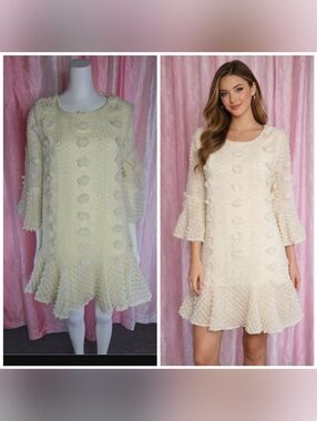 Entro Romantic Floral Bohemian Applique Overlay Cream Dress Size Large NWT